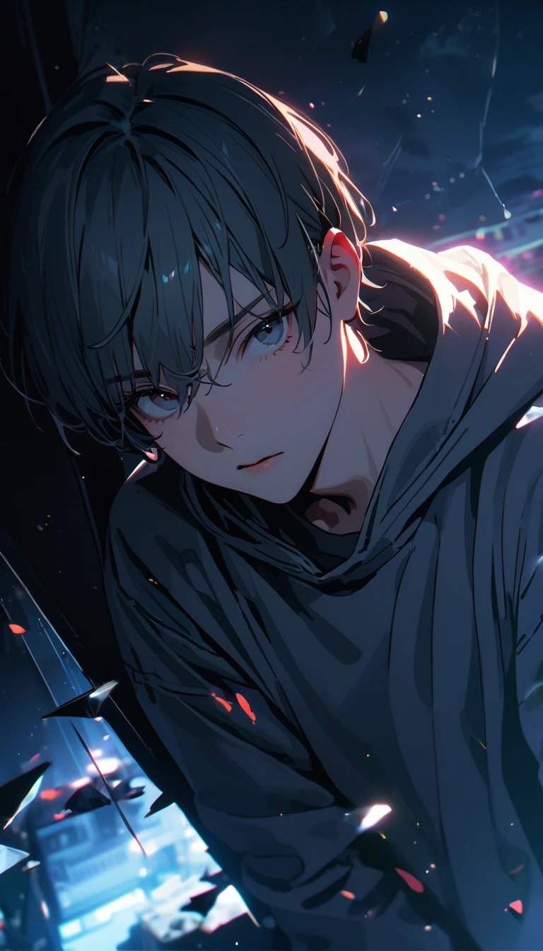 (8K, RAW photos, best quality, masterpiece: 1.4), (((The boy was broken all around))),Ultra-high resolution, Extremely detailed, light, Panorama close-up, handsome boy, black eyes, (delicate eyes, Eyes are bright:1.2), Gray short hair, Fair skin,dark, Grey sweatshirt, sweatshirt with hood,(perfect anatomy:1.2), High-quality shadows, Natural Lighting, (White highlights:1.2), night, cloudy day, (at home:1.2), (Broken glass flying in the air:1.2)
