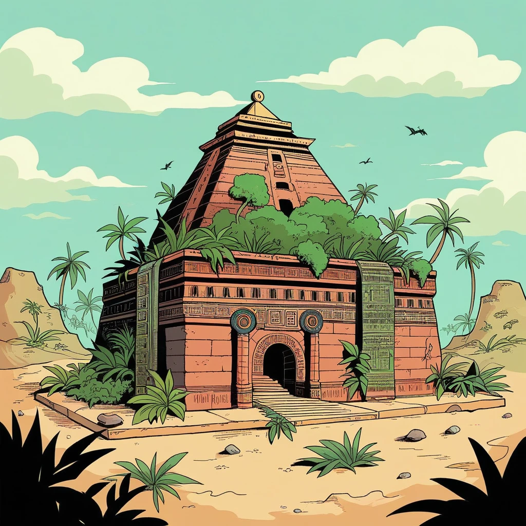 An ancient, fictional ruin that combines elements of both Aztec and Mesopotamian civilizations, set in a lush jungle meeting an arid desert landscape. A grand stone pyramid with stepped sides, resembling an Aztec temple, partially overgrown with vibrant green vegetation, and a towering ziggurat-like structure made of sun-baked bricks with intricate bas-reliefs of Aztec and Mesopotamian mythology. Crumbling walls, remnants of ancient buildings, overgrown jungle vines, half-buried in sand, weathered stone statues of gods, partially covered in moss and sand. A gradient sky from bright blue with fluffy white clouds to deep blue with a blazing sun, casting shadows across the ruins. Exotic birds like toucans or parrots, desert plants like cacti and dry shrubs, ancient pottery shards, and partially exposed artifacts. 