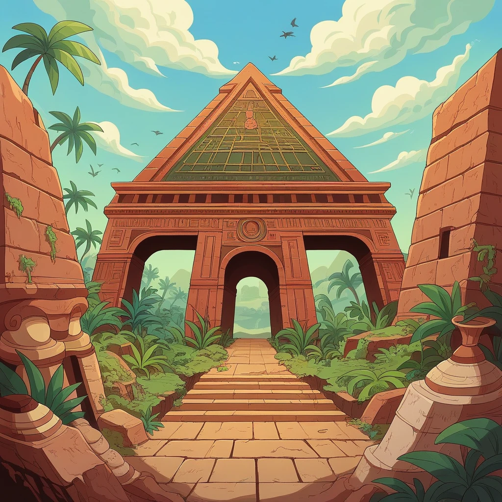 An ancient, fictional ruin that combines elements of both Aztec and Mesopotamian civilizations, set in a lush jungle meeting an arid desert landscape. A grand stone pyramid with stepped sides, resembling an Aztec temple, partially overgrown with vibrant green vegetation, and a towering ziggurat-like structure made of sun-baked bricks with intricate bas-reliefs of Aztec and Mesopotamian mythology. Crumbling walls, remnants of ancient buildings, overgrown jungle vines, half-buried in sand, weathered stone statues of gods, partially covered in moss and sand. A gradient sky from bright blue with fluffy white clouds to deep blue with a blazing sun, casting shadows across the ruins. Exotic birds like toucans or parrots, desert plants like cacti and dry shrubs, ancient pottery shards, and partially exposed artifacts.