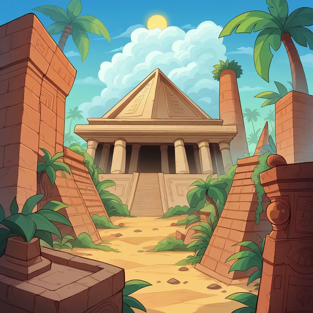 An ancient, fictional ruin that combines elements of both Aztec and Mesopotamian civilizations, set in a lush jungle meeting an arid desert landscape. A grand stone pyramid with stepped sides, resembling an Aztec temple, partially overgrown with vibrant green vegetation, and a towering ziggurat-like structure made of sun-baked bricks with intricate bas-reliefs of Aztec and Mesopotamian mythology. Crumbling walls, remnants of ancient buildings, overgrown jungle vines, half-buried in sand, weathered stone statues of gods, partially covered in moss and sand. A gradient sky from bright blue with fluffy white clouds to deep blue with a blazing sun, casting shadows across the ruins. Exotic birds like toucans or parrots, desert plants like cacti and dry shrubs, ancient pottery shards, and partially exposed artifacts.