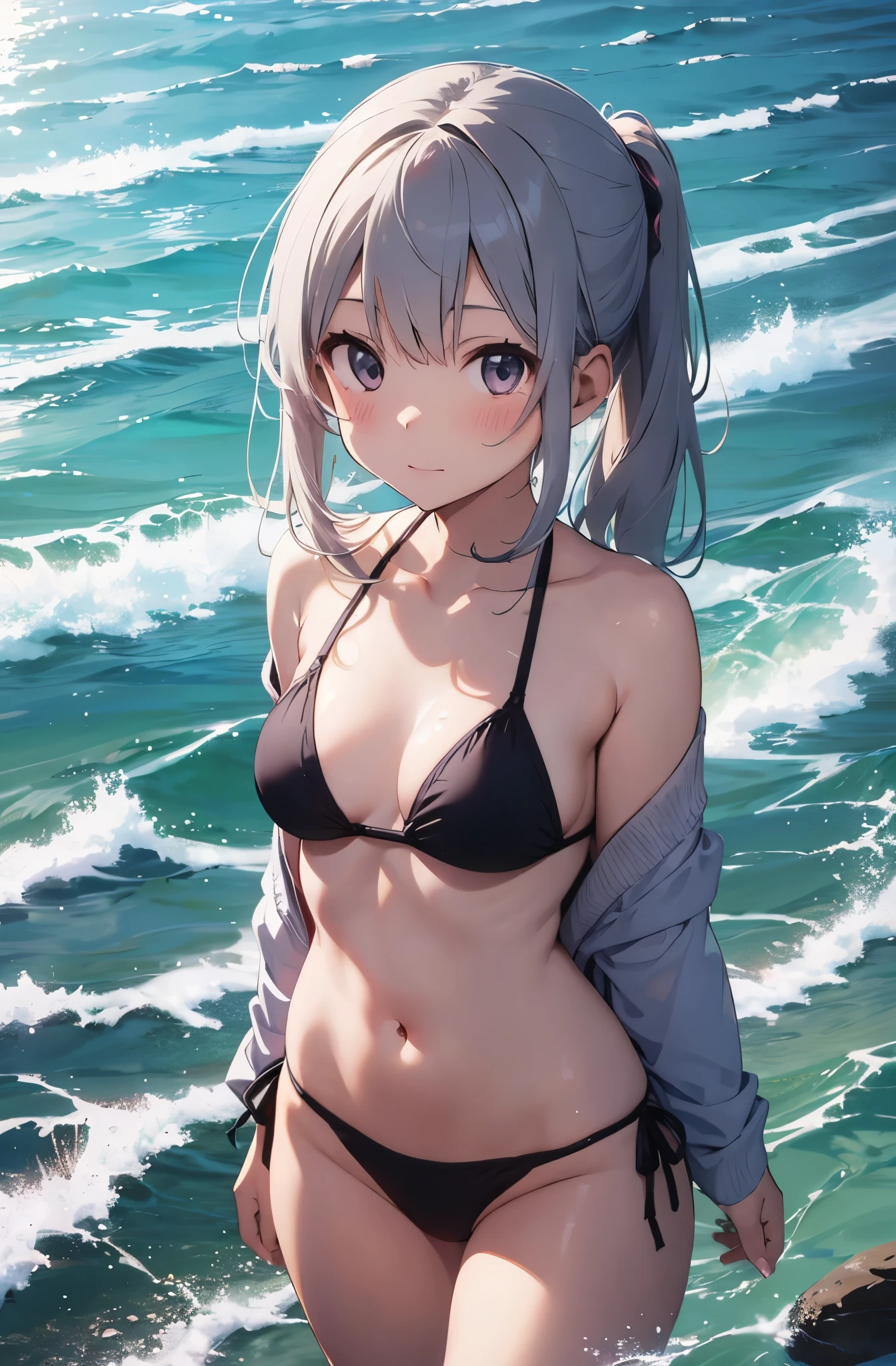 Silver-haired girl drawn in high resolution Japanese anime style、Standing alone on the white sand beach of a deserted island。She is wearing a gorgeous pink bikini.、Her hair is in a ponytail that sparkles in the light...。The sea in the background shines emerald green...、The beach is littered with shells and pebbles.、time々、Small waves gently wash up on the shore。Tropical wood々Swaying in the Wind、Mr...々Among the branches々Birds are singing..。wood々Colorful flowers blooming in abundance、The entire island is filled with abundant nature...。On the horizon of a distant sea、The setting sun casts a beautiful orange glow over the ocean.、It gives the whole place a mystical feel...。、Wakame seaweed、Wakame seaweed、Wakame seaweed、Wakame seaweed、Wakame seaweed、Wakame seaweed、