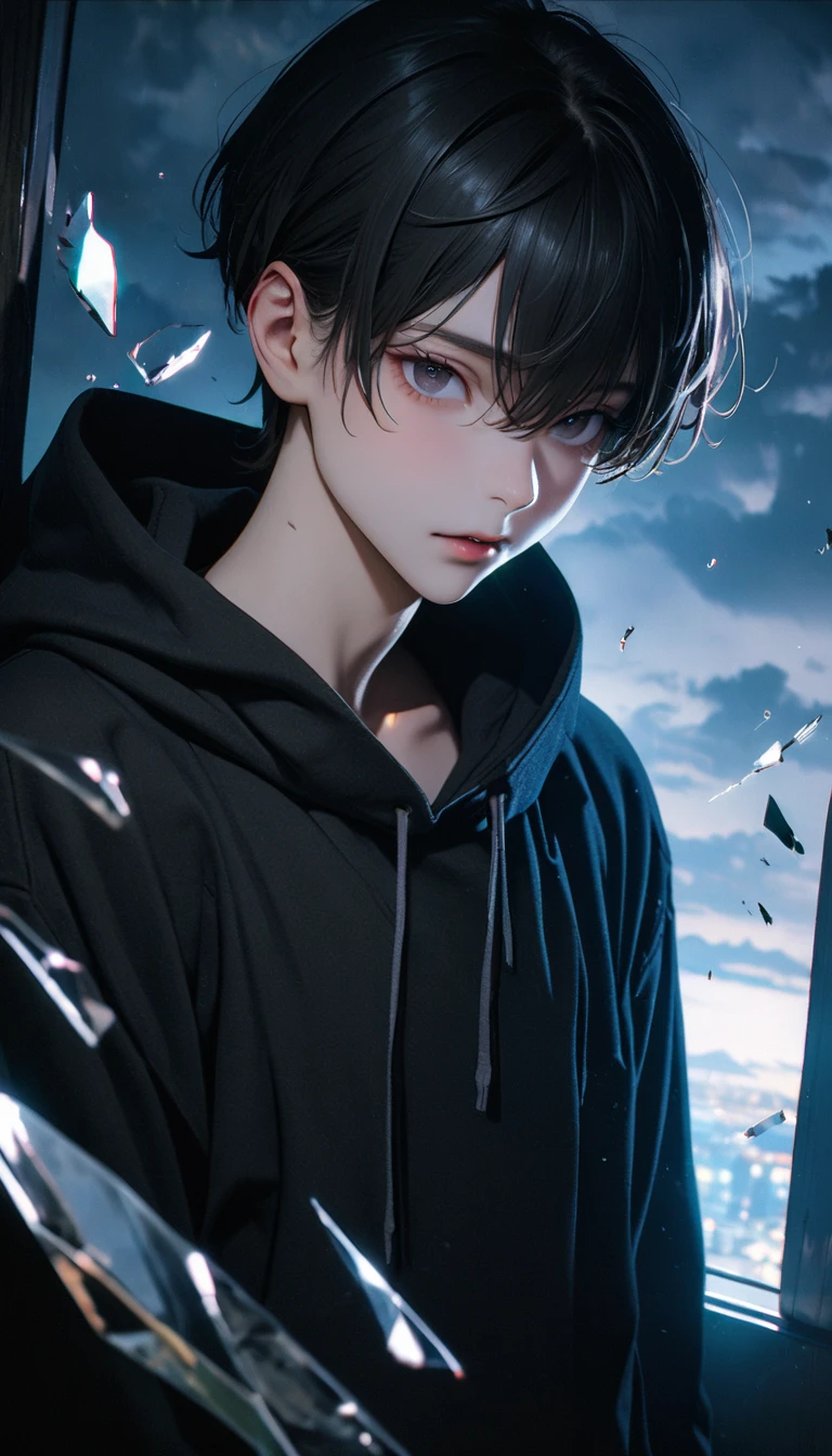 (8K, RAW photos, best quality, masterpiece: 1.4), (((The boy was broken all around)))，Ultra-high resolution, Extremely detailed, light, Panorama close-up, handsome boy, black eyes, (delicate eyes, Eyes are bright:1.2), Gray short hair, Fair skin,dark, Grey sweatshirt, sweatshirt with hood,(perfect anatomy:1.2), High-quality shadows, Natural Lighting, (White highlights:1.2), night, cloudy day, (at home:1.2), (Broken glass flying in the air:1.2)