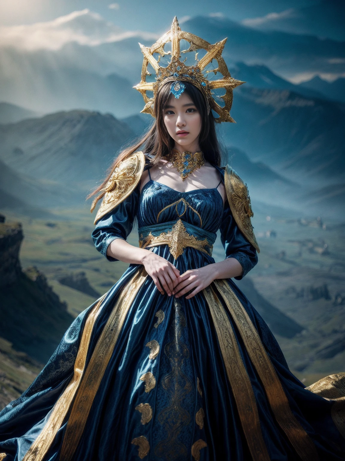 a detailed blue and gold medieval cosplay, highly realistic, in the style of xu beihong's ink paintings, arabesque/scroll patterns, wimmelbilder composition, dramatic cyan lighting, (best quality,8k,hyperdetailed,masterpiece:1.2),ultra-detailed,(realistic,photorealistic,photo-realistic:1.37),intricate costume and accessories, beautiful female figure, elegant pose, ornate headdress, flowing robes, detailed armor, delicate jewelry, glowing aura, fantasy landscape background, detailed textures, vibrant colors, dramatic lighting, atmospheric mist