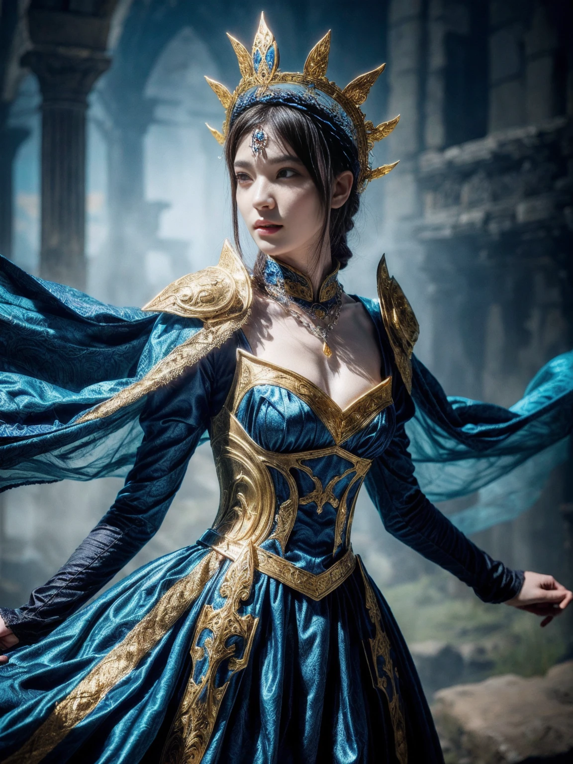 a detailed blue and gold medieval cosplay, highly realistic, in the style of xu beihong's ink paintings, arabesque/scroll patterns, wimmelbilder composition, dramatic cyan lighting, (best quality,8k,hyperdetailed,masterpiece:1.2),ultra-detailed,(realistic,photorealistic,photo-realistic:1.37),intricate costume and accessories, beautiful female figure, elegant pose, ornate headdress, flowing robes, detailed armor, delicate jewelry, glowing aura, fantasy landscape background, detailed textures, vibrant colors, dramatic lighting, atmospheric mist
