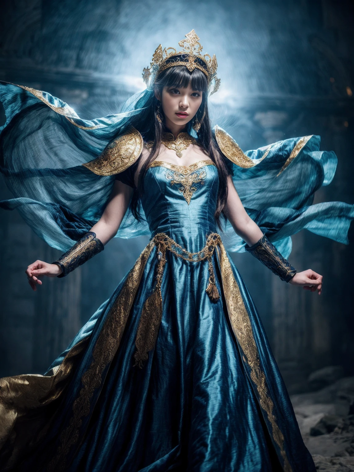 a detailed blue and gold medieval cosplay, highly realistic, in the style of xu beihong's ink paintings, arabesque/scroll patterns, wimmelbilder composition, dramatic cyan lighting, (best quality,8k,hyperdetailed,masterpiece:1.2),ultra-detailed,(realistic,photorealistic,photo-realistic:1.37),intricate costume and accessories, beautiful female figure, elegant pose, ornate headdress, flowing robes, detailed armor, delicate jewelry, glowing aura, fantasy landscape background, detailed textures, vibrant colors, dramatic lighting, atmospheric mist
