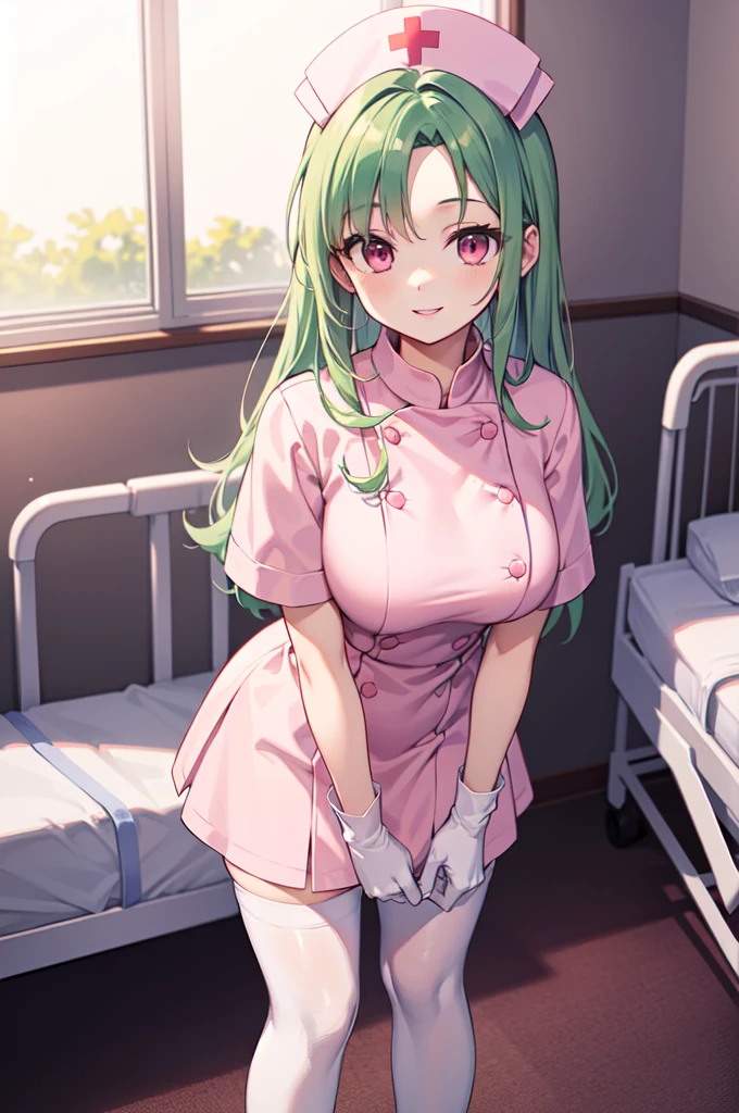 1woman, solo, nurse, white nurse cap, white nurse uniform, ((white legwear, zettai ryouiki)), white gloves, forehead, long hair, green hair, pink eyes, pink lips, smile, standing, ((hospital room)), sharp outline, short sleeves, mature female, 35 years old, best quality, masterpiece