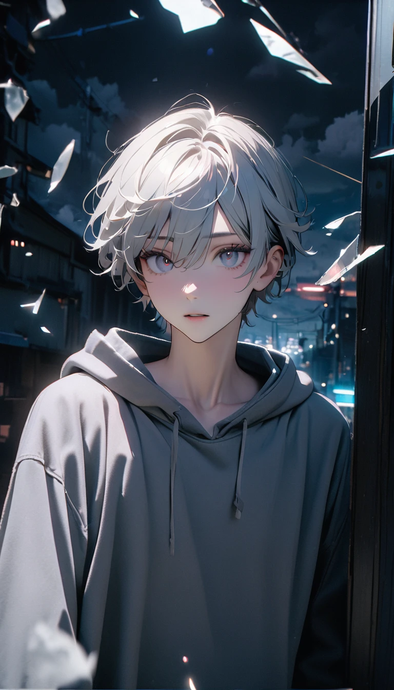 (8K, RAW photos, best quality, masterpiece: 1.4), (((The boy was broken all around))),Ultra-high resolution, Extremely detailed, light, Panorama close-up, handsome boy, black eyes, (delicate eyes, Eyes are bright:1.2), Gray short hair, Fair skin,dark, Grey sweatshirt, sweatshirt with hood,(perfect anatomy:1.2), High-quality shadows, Natural Lighting, (White highlights:1.2), night, cloudy day, (at home:1.2), (Broken glass flying in the air:1.2)