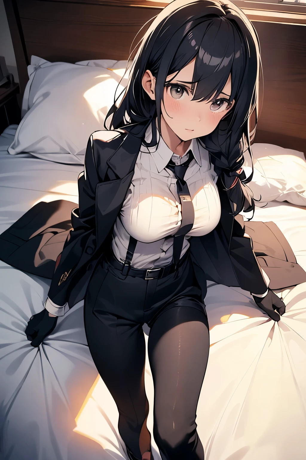 suspenders Moderate breasts Small face holster Beautiful woman Lying in bed Looking up Sweat belt summer 脇Sweat Black Hole Gloves suit shirt Black jacket Black trousers Leg Links ズボンにbelt