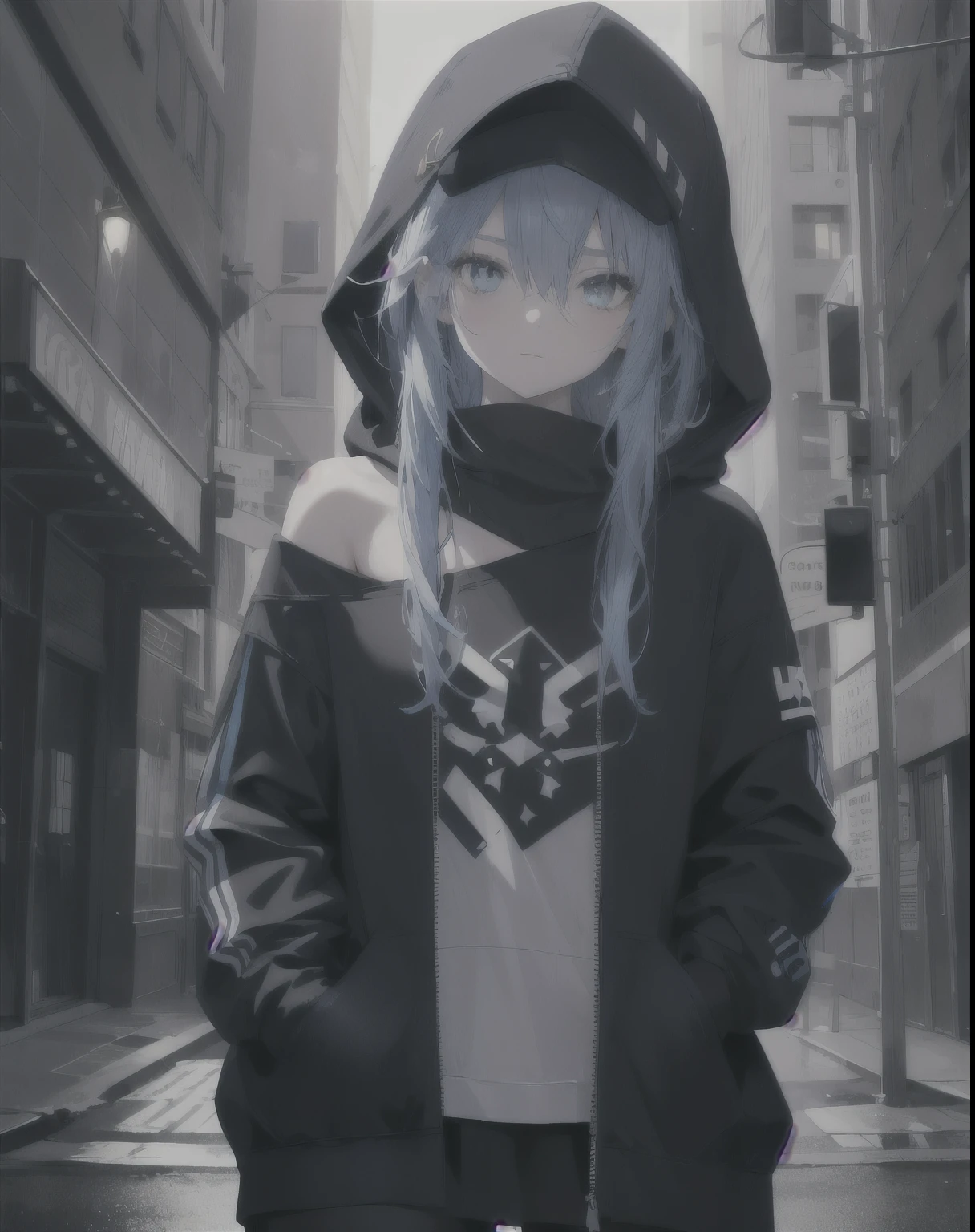 masterpiece,1girl,solo,long blue hair,hoodie,off shoulder,mob cap,street,hand on hip,hand in pocket,highly detailed,ultra-detailed,8k,photorealistic,cinematic lighting,warm color palette,dramatic lighting