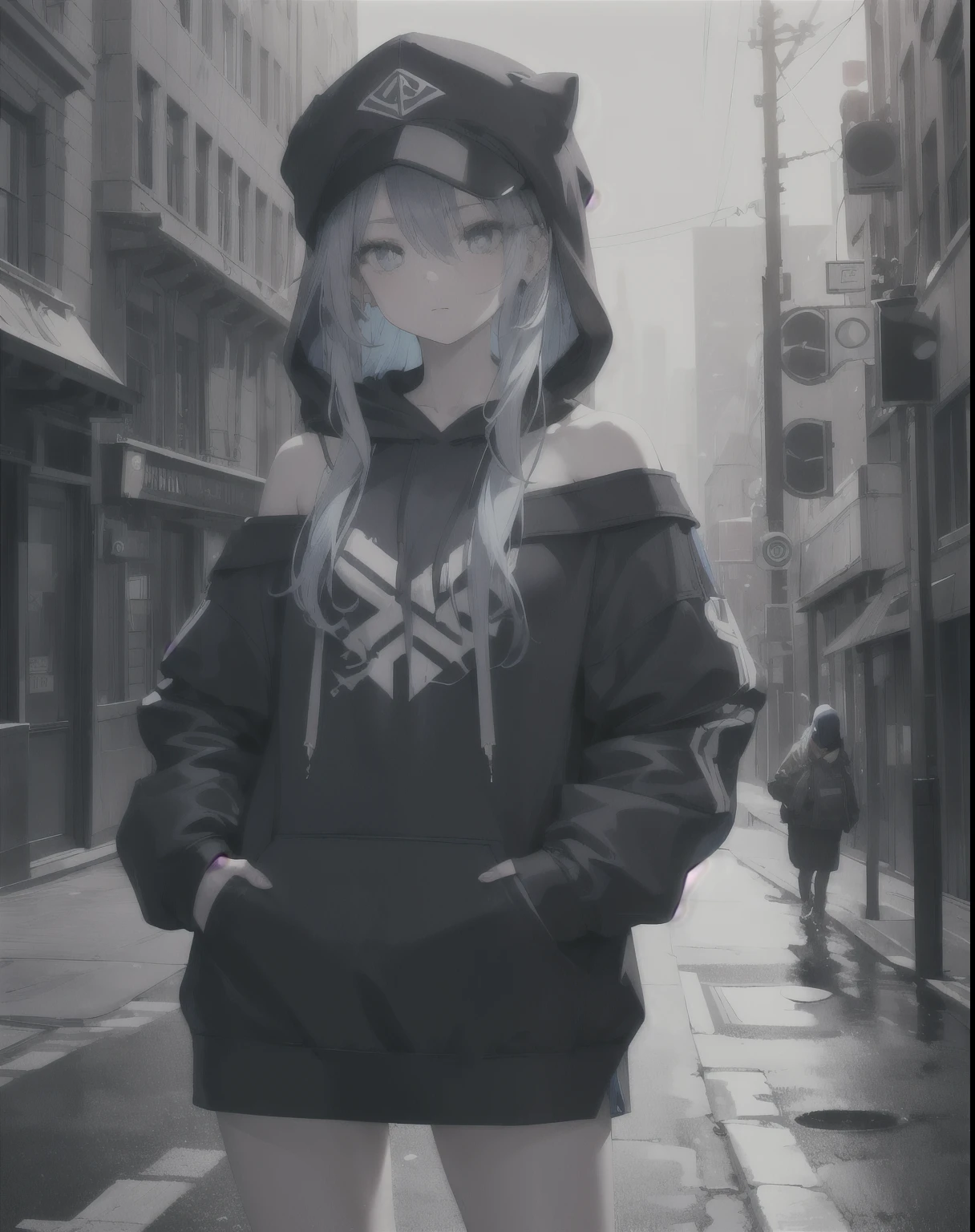 masterpiece,1girl,solo,long blue hair,hoodie,off shoulder,mob cap,street,hand on hip,hand in pocket,highly detailed,ultra-detailed,8k,photorealistic,cinematic lighting,warm color palette,dramatic lighting