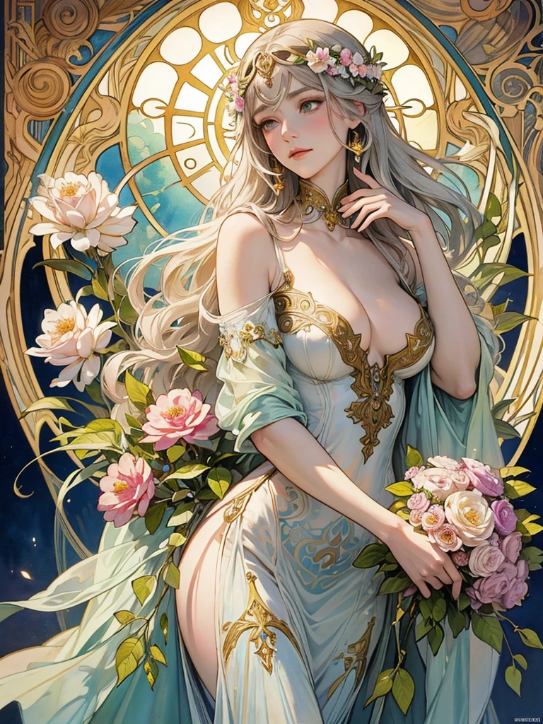 Depicts a beautiful woman with flowers in her hair、Highly detailed watercolor painting, The style of Alfons Maria Mucha and Gustav Kirmut, Art Nouveau accents, Fairy Princess, Anthropomorphic woman, Female figure, detailedな表紙アートワーク, As the Flower Goddess, Alphonse Mucha, Gustav Klimt, Pale skin, Marble sculpture, society, Gothic art, Art Nouveau, Behance Contest Winner, Cleavage,(masterpiece) (Highest quality) (detailed) (8K) (High resolution) (wallpaper) (Cinema Lighting) (Sharp focus)