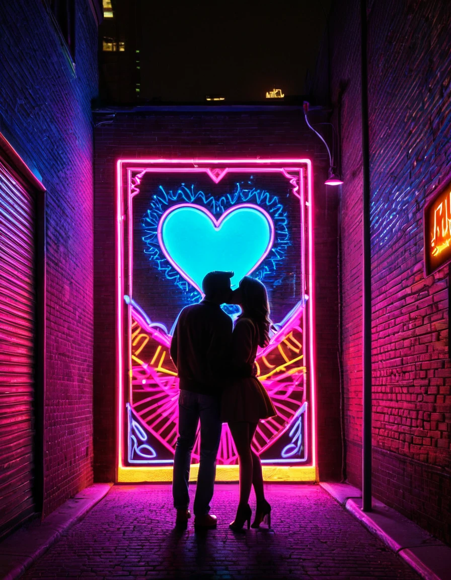 A vibrant neon art piece featuring the silhouette of a couple kissing under a street lamp with neon heart shapes in the background, creating an urban romantic scene.