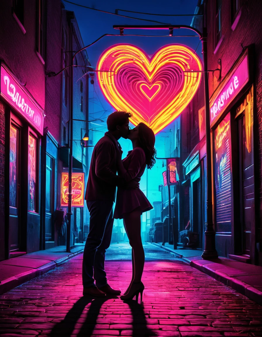 A vibrant neon art piece featuring the silhouette of a couple kissing under a street lamp with neon heart shapes in the background, creating an urban romantic scene.