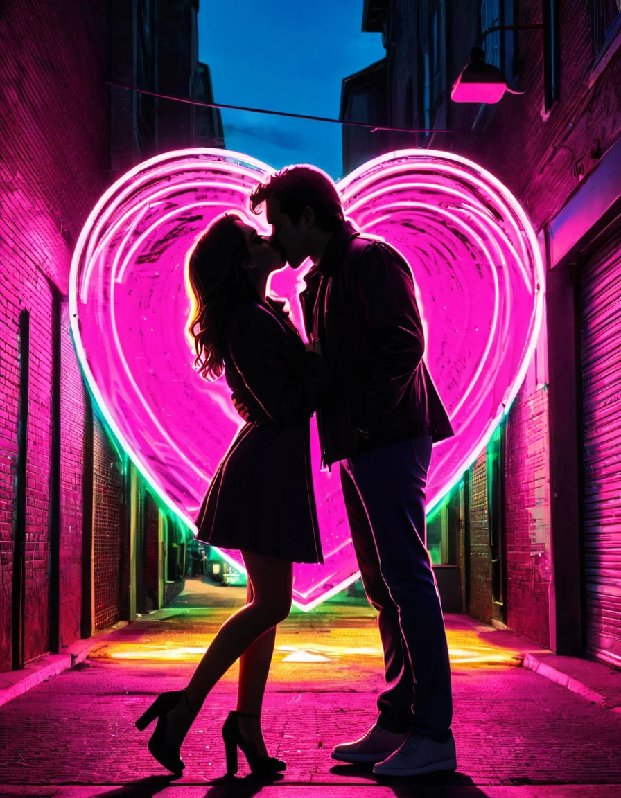 A vibrant neon art piece featuring the silhouette of a couple kissing under a street lamp with neon heart shapes in the background, creating an urban romantic scene.