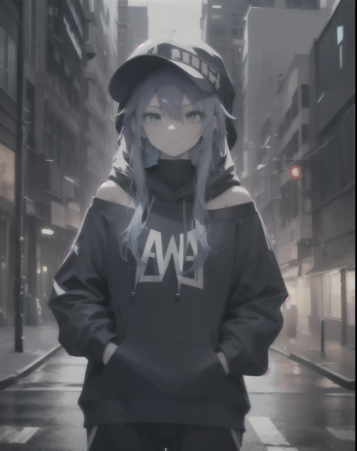masterpiece,1girl,solo,long blue hair,hoodie,off shoulder,mob cap,street,hand on hip,hand in pocket,highly detailed,ultra-detailed,8k,photorealistic,cinematic lighting,warm color palette,dramatic lighting