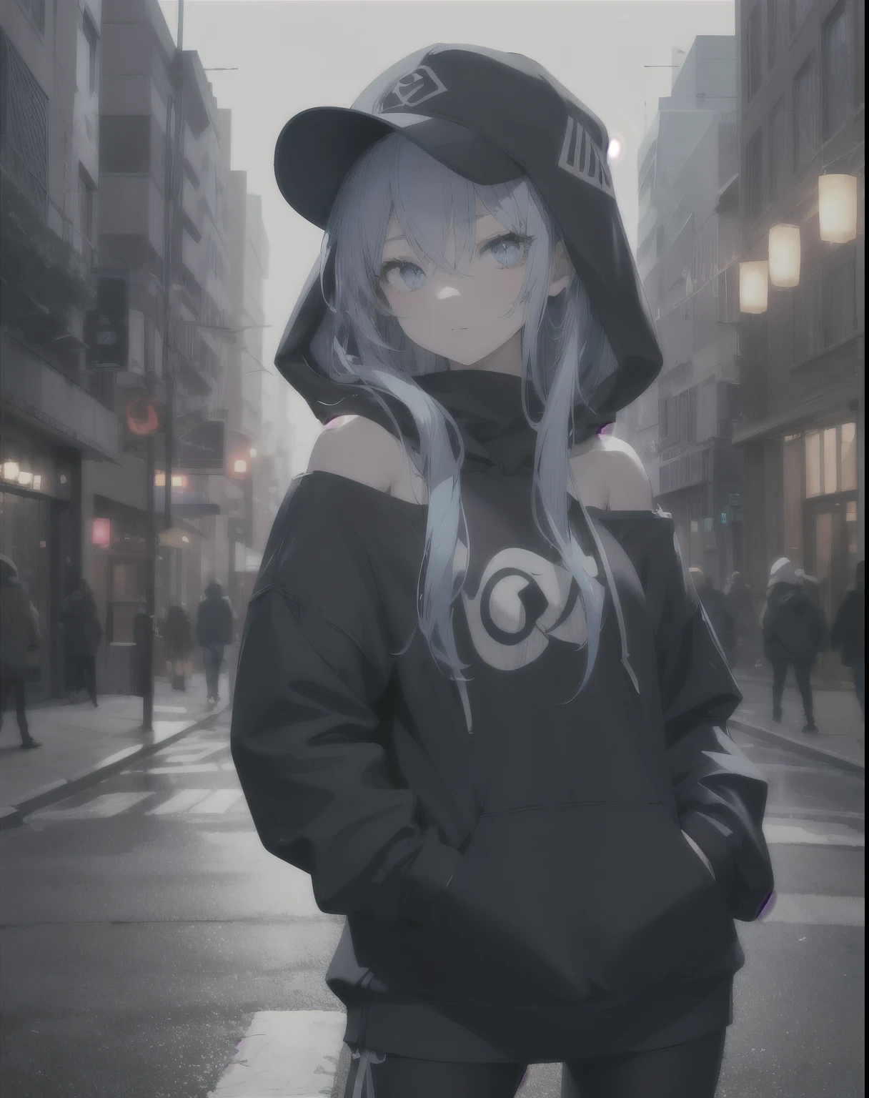 masterpiece,1girl,solo,long blue hair,hoodie,off shoulder,mob cap,street,hand on hip,hand in pocket,highly detailed,ultra-detailed,8k,photorealistic,cinematic lighting,warm color palette,dramatic lighting