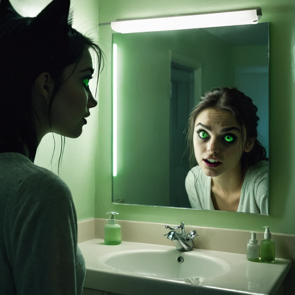 Split-screen image: on the left side, a normal bathroom with a young woman looking into a mirror, her expression worried. On the right side, the same bathroom but darker and distorted, showing the woman's reflection in the mirror with glowing green eyes and a malevolent smile. The reflection's hand is reaching out of the mirror towards the real woman. In the background of both sides, barely visible, is the silhouette of a black cat. The overall tone is creepy and suspenseful, with sharp contrasts between light and shadow.