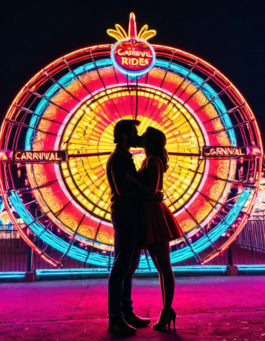 A colorful neon art piece featuring the silhouette of a couple kissing at a carnival with neon lights and rides in the background, capturing a fun and romantic atmosphere