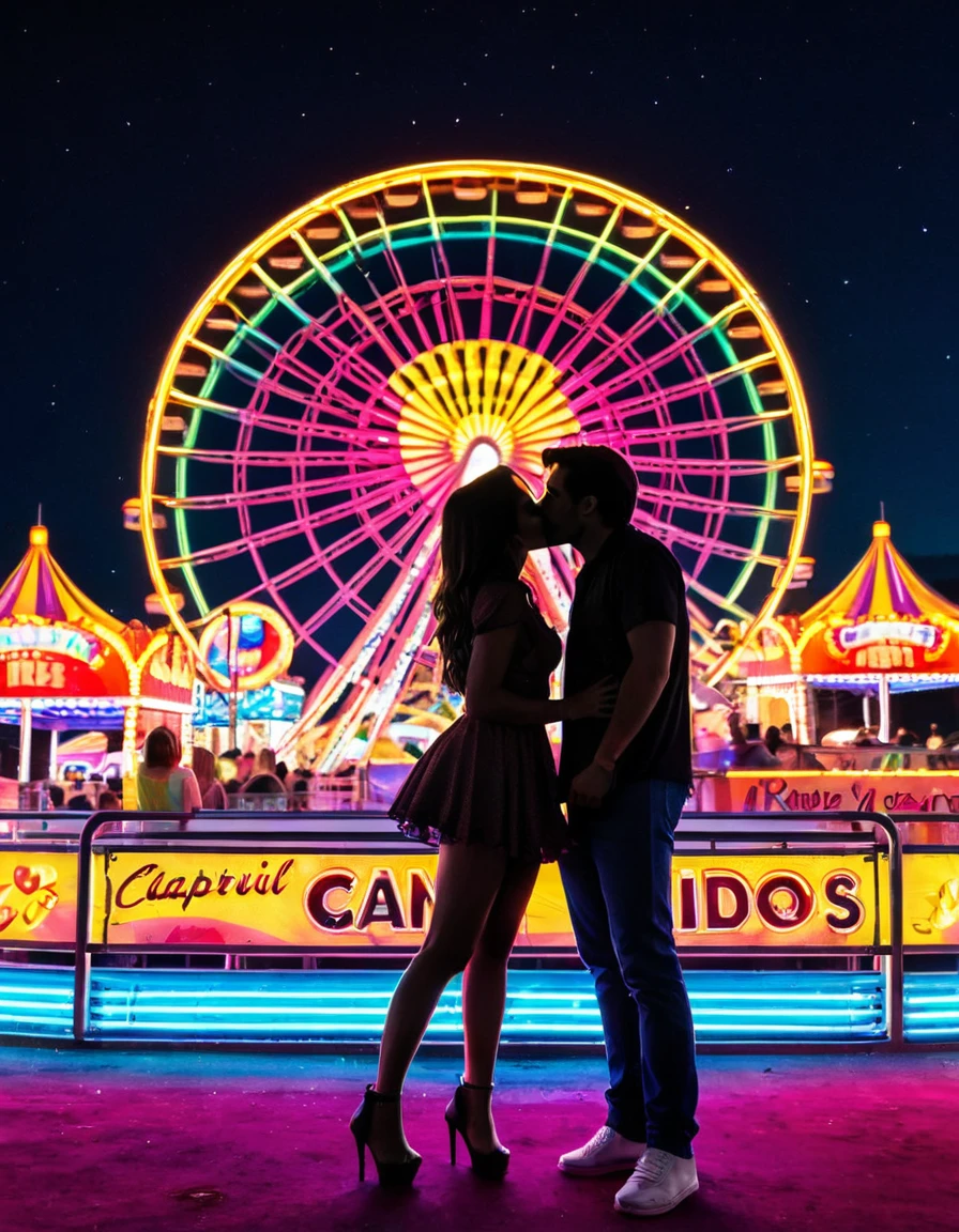 A colorful neon art piece featuring the silhouette of a couple kissing at a carnival with neon lights and rides in the background, capturing a fun and romantic atmosphere