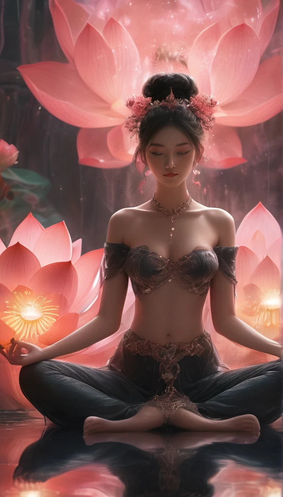 Full-body photo of a courtesan in lotus position，Anatomically correct,born, Cinematic shots, (Sharp focus:1.5), (Realistic:1.4), dusk lighting, Volumetric lighting, Ultra-high resolution, 16K,Dramatic lighting, Abstract background：1.5）（Tangleた，Datura stramonium，Holding a heart light in your hand、Tangle，Intertwined：0.7）witch，Haori, Foxfire spells, conversion, Depth of written boundary, A fantastic atmosphere, The most beautiful form of chaos, Elegance, Fauvist Design Dark Theme, flowers of death, flowers of ecstasy，Glowing Lines,Glow Example，Tracking example，flash， Backlight，translucent，Particles of light,hill，exit