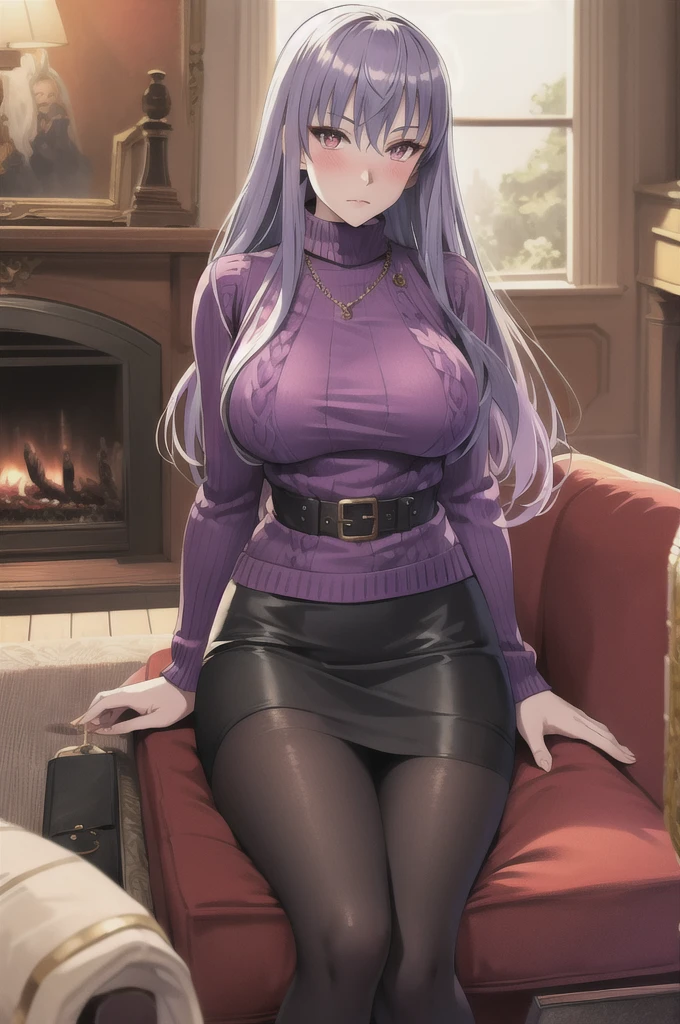 masterpiece, best quality,  brunhilde, purple sweater, cable-knit sweater, pencil skirt, sitting, couch, fireplace, looking at viewer, blushing