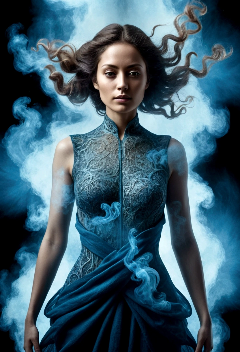 photoillustration of double exposure of merged two different tones, half faded lady, half nebula-dust, (transparency effect 0.5), symmetrical sagital cut ((vertical half 1.5))seamless mix-merged, texture and pattern, ((transparency effect 0.35)), iconic standing-pose stance, wrapped around blue-smoke, dramatic shadows, dramatic lights, interlacing elements, fantasy art, two tones, opposite-opponent digital manipulated photo art, hyper-realistic, ultra-detailed, crisp clarity, high-contrast, overexposure, luminous ambiance, rich textures, intricate patterns, vivid colors, cinematic lighting, photorealistic, accurate anatomical proportions.
