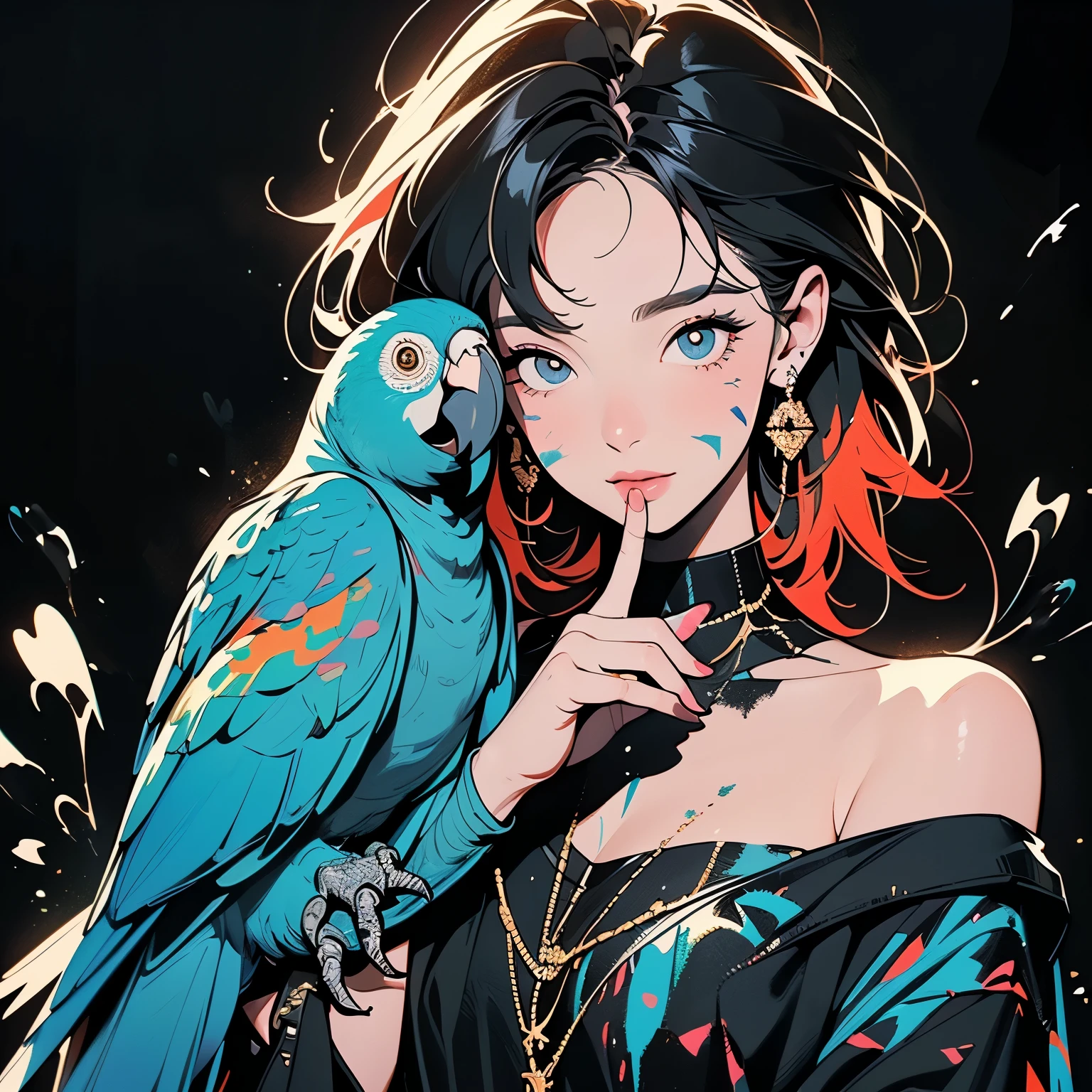 (((Beautiful bird with One woman))), (((A Very large parrot on your shoulder))), Brilliant, Super detailed face and eyes, Dripping Paint, (((Perfect bird))), Complex, wonderful, Fantastic, Gold leaf trim, Magic, Masterpiece Painting, Super detailed, Enchanting, Enchantingな, intense, Scattered Light, constructed using the golden ratio, Awards, Perfect composition, Ultra HD, 8K, Realistic, Very detailed, One woman, (((finger to mouth))),(((perfect finger)),(((perfect hand)), black background, (((splattering Colorful Paint)))