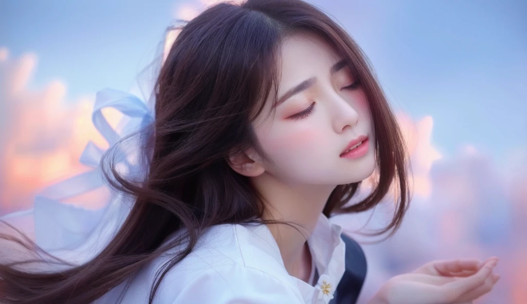 Gazing at the sky、Sad face、Sad expression、Fantastic Background、Tears flowing、A tear running down my cheek、Mouth closed、