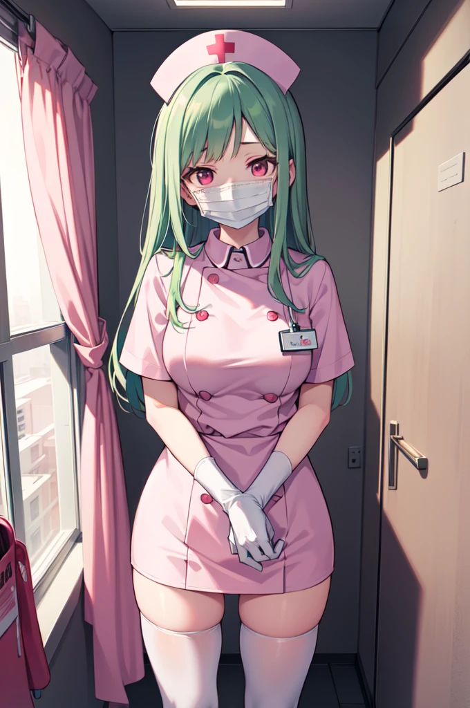 1woman, solo, nurse, white nurse cap, white nurse uniform, ((white legwear, zettai ryouiki)), white gloves, forehead, long hair, green hair, pink eyes, ((white surgical mask, covered nose)), standing, ((hospital room)), sharp outline, short sleeves, mature female, 35 years old, best quality, masterpiece