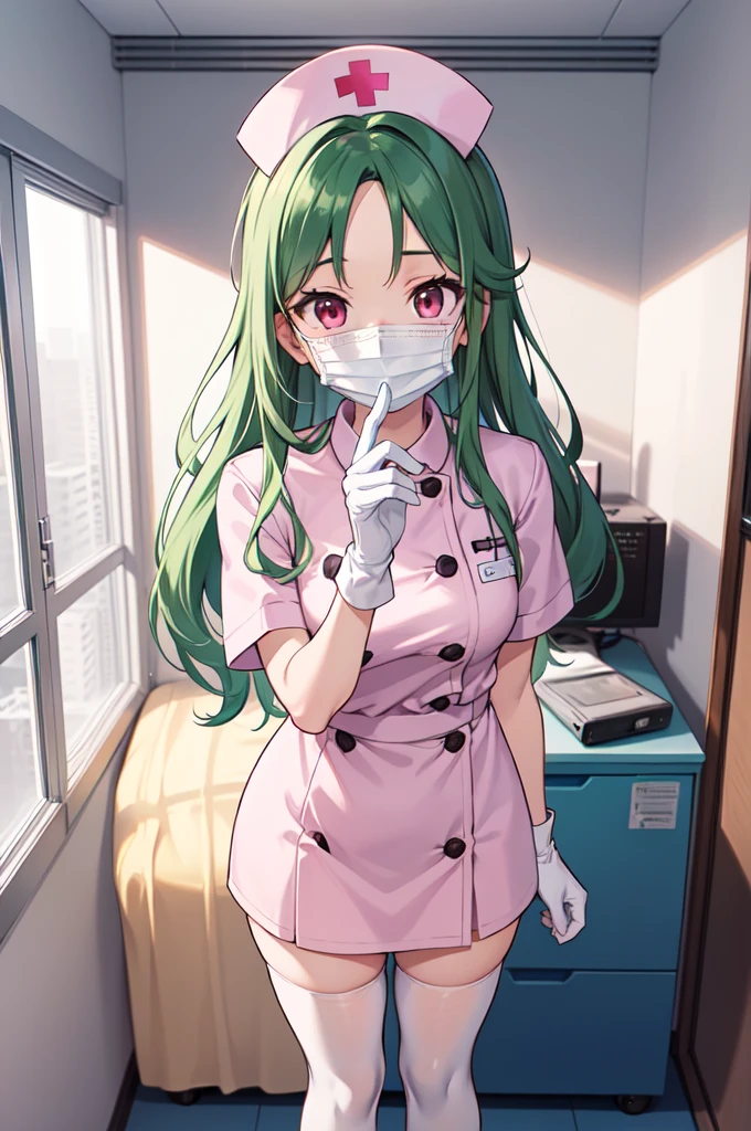 1woman, solo, nurse, white nurse cap, white nurse uniform, ((white legwear, zettai ryouiki)), white gloves, forehead, long hair, green hair, pink eyes, ((white surgical mask, covered nose)), standing, ((hospital room)), sharp outline, short sleeves, mature female, 35 years old, best quality, masterpiece