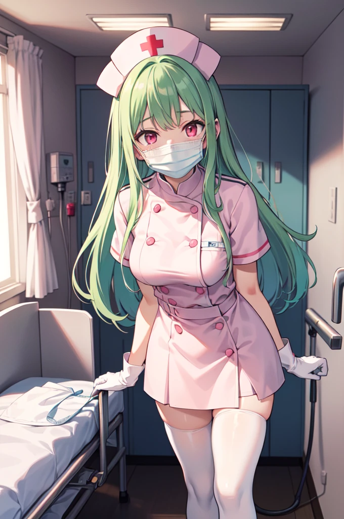 1woman, solo, nurse, white nurse cap, white nurse uniform, ((white legwear, zettai ryouiki)), white gloves, forehead, long hair, green hair, pink eyes, ((white surgical mask, covered nose)), standing, ((hospital room)), sharp outline, short sleeves, mature female, 35 years old, best quality, masterpiece