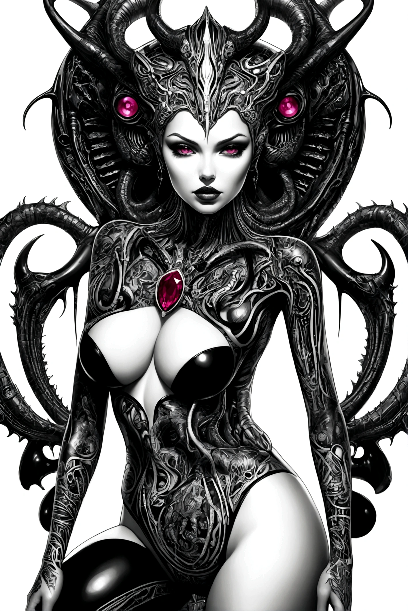 Stunningly gorgeous beautiful perfect hr giger tattooed sexy seductive demonic girl, perfect face, hyper detailed neon ruby, large breasts, full body view, nude, no color black and white only