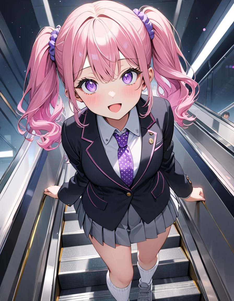(8K, best quality, master piece: 1.2), super high resolution,1 girl,16yo,solo,1ultra-detailed face,detailed eyes,sparkling pupils,Mascara,Bubblegum Pink hair,natural wave hair,twintails,amethyst Eyes,(scrunchie,, blazer,Short pleated skirt),(gray:1.5),polka-dot pattern Ribbon tie,(white loose socks:1.2),happy,open mouth,medium breasts,double peace,リムライト,standing on a down escalator,Look at Viewer