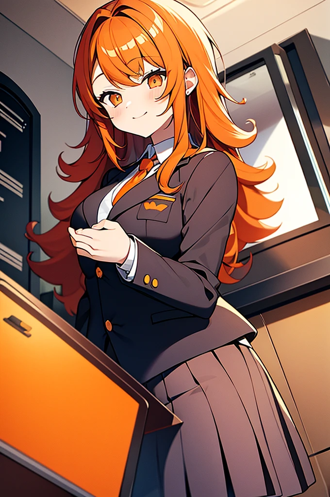 high school girl。Blazer uniform。Orange curly medium hair。Gal type。