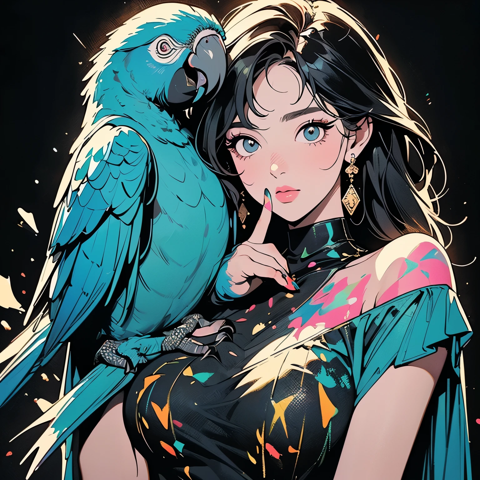 (((Beautiful bird with One woman))), (((A Very large parrot on your shoulder))), Brilliant, Super detailed face and eyes, Dripping Paint, (((Perfect bird))), Complex, wonderful, Fantastic, Gold leaf trim, Magic, Masterpiece Painting, Super detailed, Enchanting, Enchantingな, intense, Scattered Light, constructed using the golden ratio, Awards, Perfect composition, Ultra HD, 8K, Realistic, Very detailed, One woman, (((finger to mouth))),(((perfect finger)),(((perfect hand)), black background, (((splattering Colorful Paint))), open-breasted dress