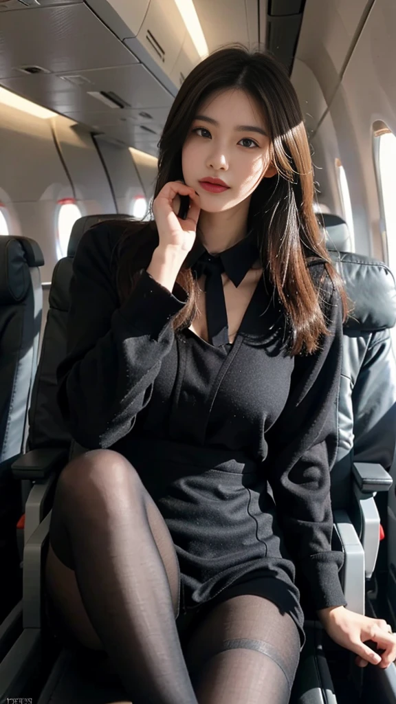 best qualtiy, tmasterpiece, 8K, Ultra-high resolution, (Photorealistic:1.4), highly detailed, intricately details, delicateandbeautiful, good lighting, profesional lighting, tack sharp focus, detailed shadow, Exquisitedetailsandtextures, depth of fields, Unity 8k Wallpaper, cinematic compositions, cinmatic lighting, offcial art, Crew, Flight attendants, black pantyhoses, (Planes, (Aircraft Corridor), Aircraft seats) Beautiful and elegant face, Detailed face, Detailed eyes,Realistic fluffy hair,long whitr hair,(1 Korean girl),(standing on your feet:1.3),