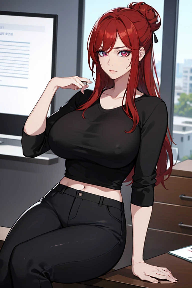 (Uhd, Masterpiece, Textured Skin, Super Detail, High Details, High Quality, Best Quality), Detailed Face, 1woman, mature pretty woman, (Red hair tied in a bun, long hair), (black top crop shirt with sheer sleeves), (black pants), (Huge Body:1.5, tall), sitting on a chair behind a office table, (Low-sized breasts), (Office room)