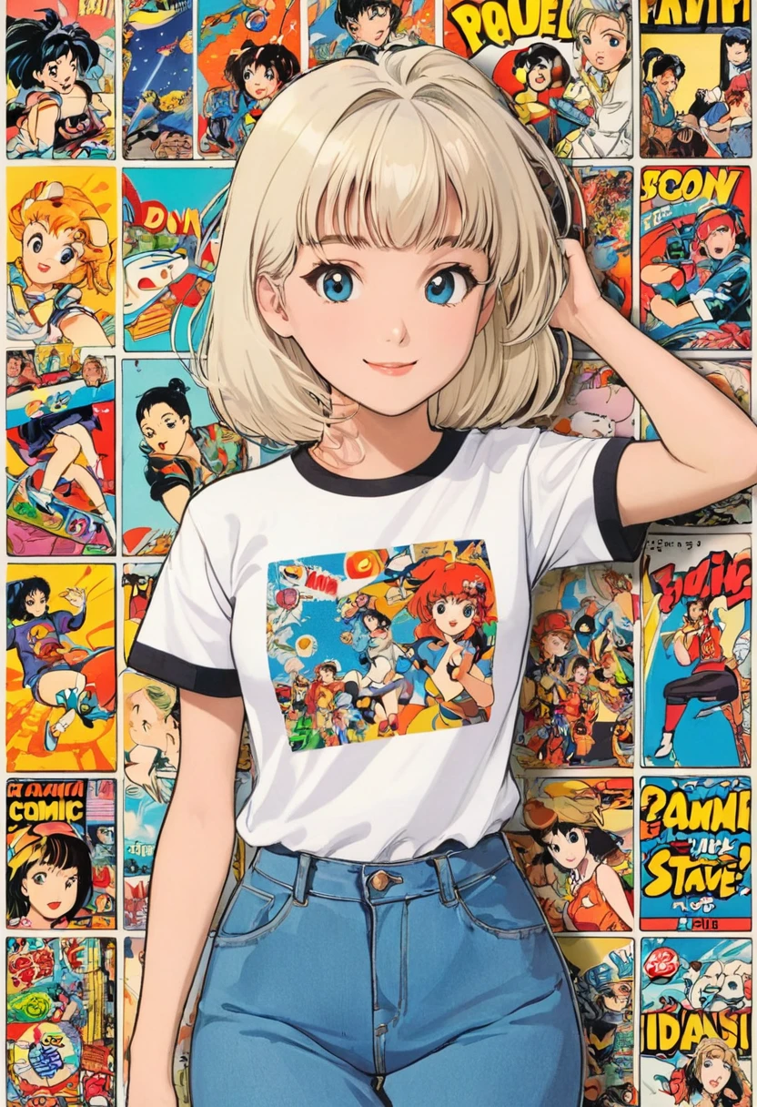 young girl，t- shirt，white，Art，retro style，comic collage, don't smile, 90s anime style
