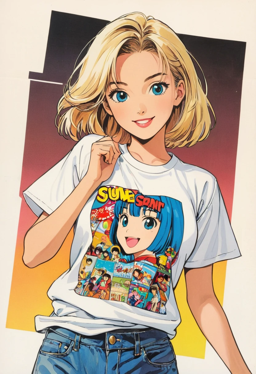young girl,t- shirt,white,Art,retro style,comic collage, don't smile, 90s anime style