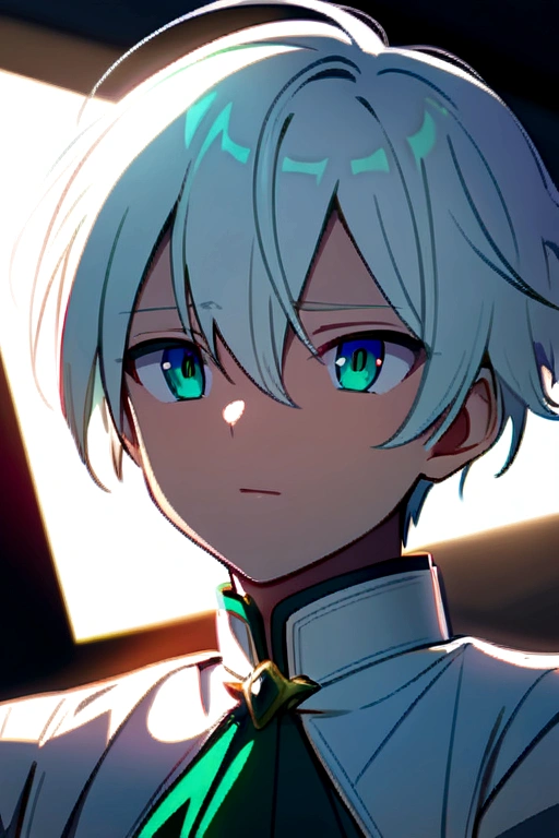 An anime boy with white hair, aqua green eyes, white clothes and a cute, passionate expression