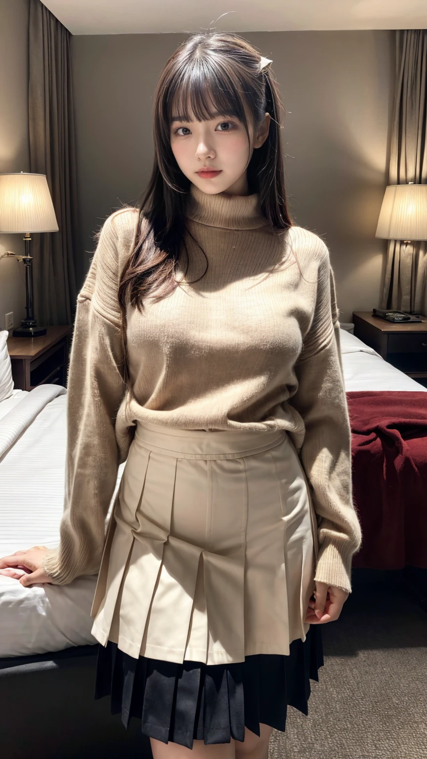 (8K, RAW Photos, Highest quality, masterpiece:1.2), (professional photography, full colors, studio-caliber color grading), (Gravure quality for high-end fashion magazines), BREAK,18 year old girl, (boyish:1.15), (mannish:1.1), Big Natural Color Lip, (Plumpy body:1.2), (smooth skin:1.1), (huge breasts:1.0 BREAK, Oversized turtleneck light beige sweater, Black pleated skirt, BREAK, hotel room, cute type, lolita