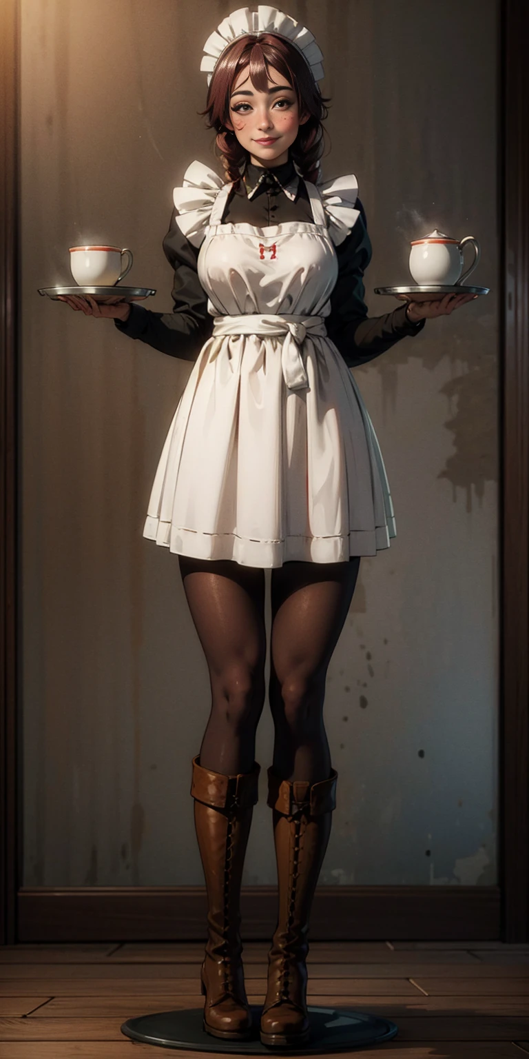 full body standing straight symmetrical, lustful smirking smile face red blush red cheeks, looking at viewer, holding tray, braid, maid headdress, maid, dress, apron, long sleeves, brown pantyhose, long leather militar boots, thighs, long white hair, masterpiece