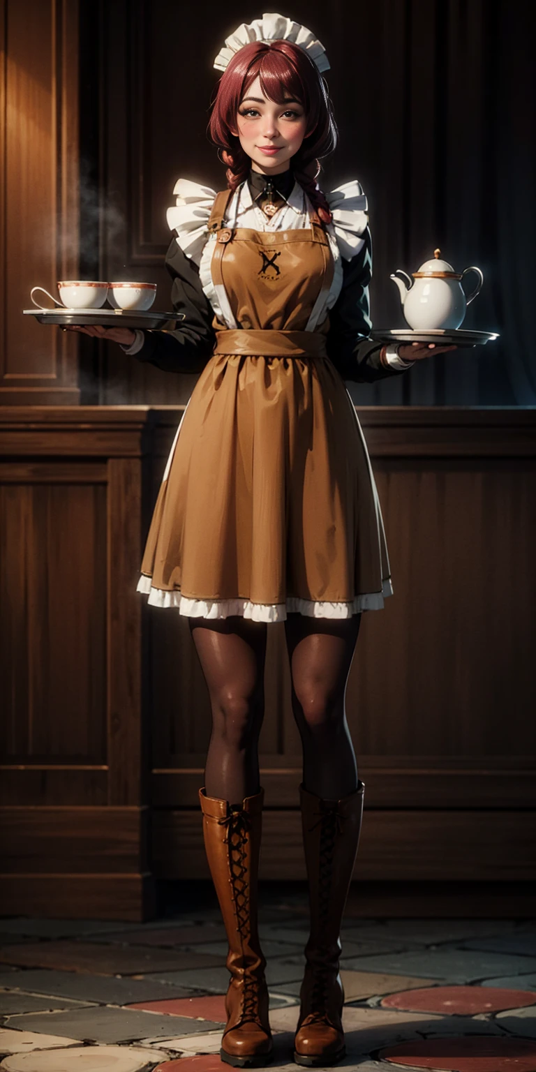 full body standing straight symmetrical, lustful smirking smile face red blush red cheeks, looking at viewer, holding tray, braid, maid headdress, maid, dress, apron, long sleeves, brown pantyhose, long leather militar boots, thighs, long white hair, masterpiece