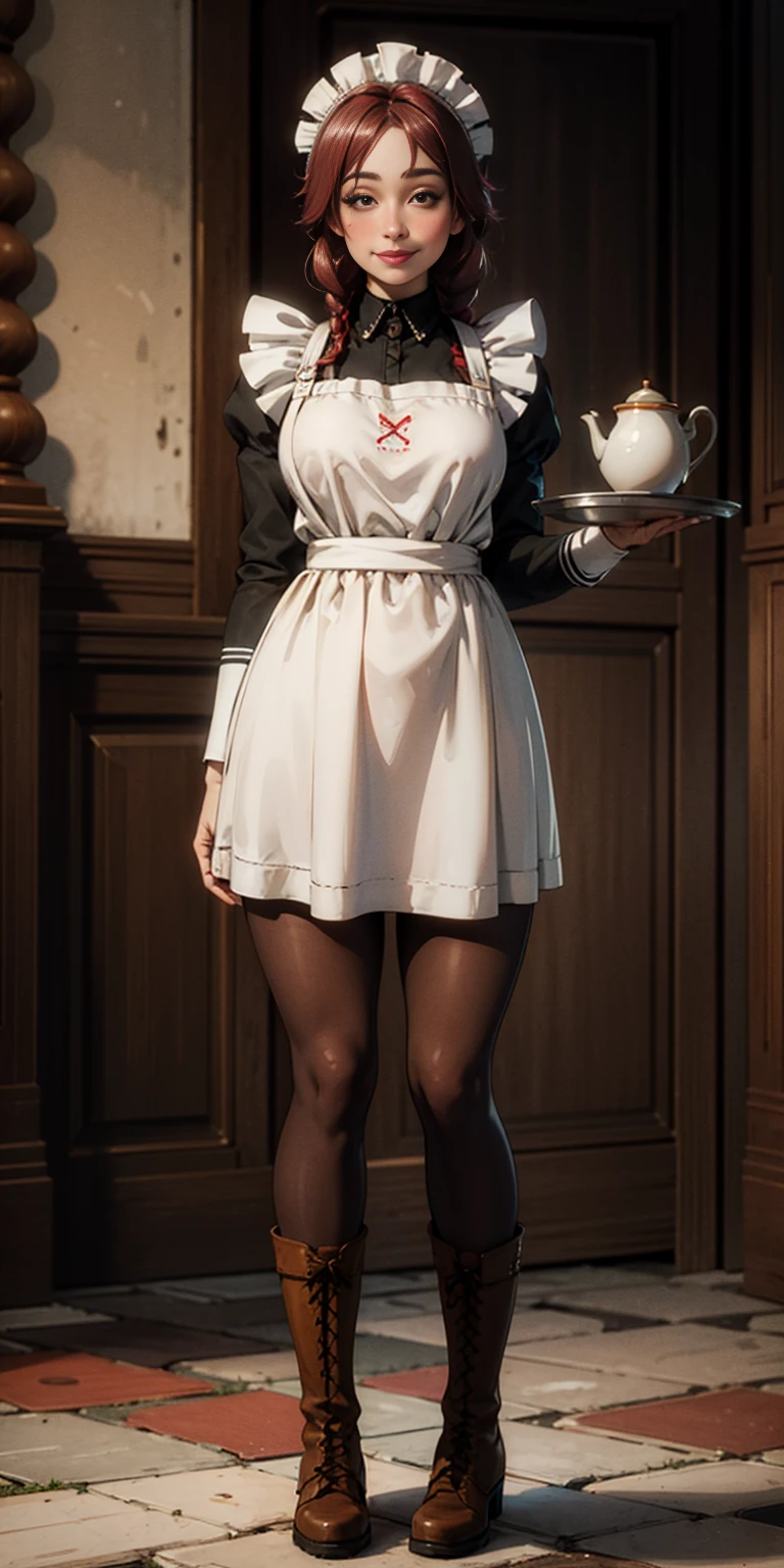 full body standing straight symmetrical, lustful smirking smile face red blush red cheeks, looking at viewer, holding tray, braid, maid headdress, maid, dress, apron, long sleeves, brown pantyhose, long leather militar boots, thighs, long white hair, masterpiece