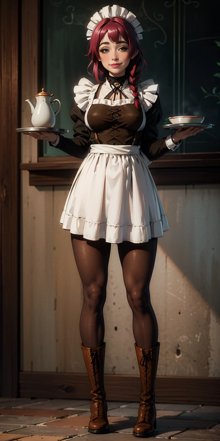 full body standing straight symmetrical, lustful smirking smile face red blush red cheeks, looking at viewer, holding tray, braid, maid headdress, maid, dress, apron, long sleeves, brown pantyhose, long leather militar boots, thighs, long white hair, masterpiece