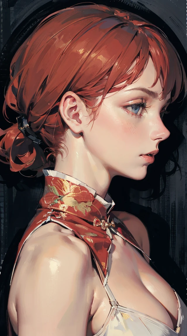 (mvvwdt:1.4):detail_slider_v4:1.25> (bubbles:0.5), ((masterpiece)), high quality, very_high_resolution, large_filesize, full color, heavy outline, clear outline, colorful, (beautiful detailed eyes), (beautiful face:1.3), (boyish face:1.3), 1 girl, (femaleranma), (red hair), short hair, (braided ponytail), ((bangs)), bumpy bangs, blue-gray eyes, big breasts, curvy, femaleranma, braided ponytail, (red chinese clothes), sleeveless, tangzhuang, black pants, cameltoe, standing, upper body, ((from side:1.4)), ((portrait:1.8)), ((face focus:1.4)), (8k, RAW photo, best quality, masterpiece:1.2), RanmaChan, RanmaRedShirt, red panty, turn back, show her butt