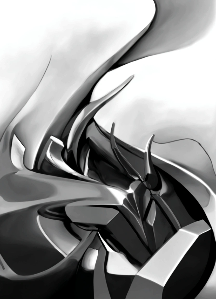 Transform this drawing by applying an extremely realistic chrome effect. Retain all the original shapes and details of the drawing. The chrome should realistically reflect lights and shadows, highlighting the bright and reflective metallic texture. Preserve the sharpness and contour of the drawing while adding the shine and depth of chrome metal." Light and shadow, contrast