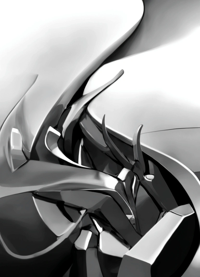 Transform this drawing by applying an extremely realistic chrome effect. Retain all the original shapes and details of the drawing. The chrome should realistically reflect lights and shadows, highlighting the bright and reflective metallic texture. Preserve the sharpness and contour of the drawing while adding the shine and depth of chrome metal." Light and shadow, contrast