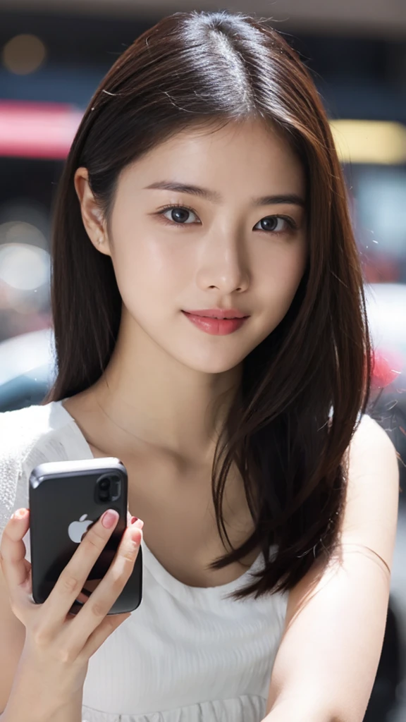 ((Beautiful girl holding a mobile phone in her hand)) 4K  8K:: Realistic::4. cyberpunk::1 --v 4 --Quality 2、Various Hair Styles、Berry Short、Somewhat petite woman