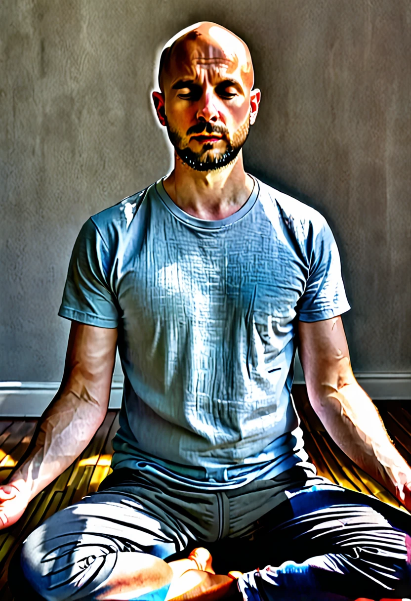 A realistic photograph of a 30-year-old bald man meditating
